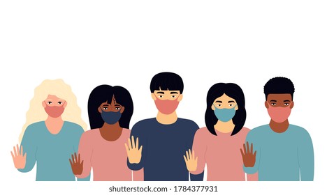 A group of multiethnic people show stop gesture. Protest against racism, violence, discrimination. Fight for rights