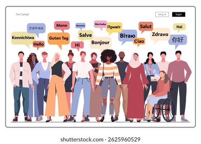 Group of multiethnic people speaking. Speech bubbles with text Hello in various international languages. Modern concept for website development, social media, template web. Vector Not AI generated
