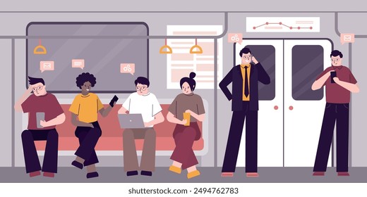 Group of multiethnic people in subway train. Characters inside metro carriage uses mobile phones. Underground car. Various passengers use public municipal transport, MRT, railway. vector illustration