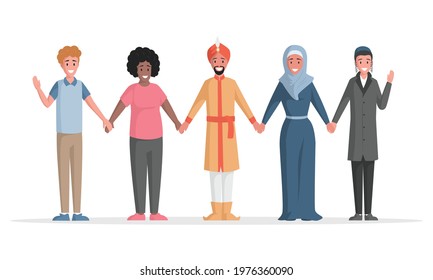 Group of multiethnic people vector flat illustration. Diverse people standing together. International friendship, multiracial and multicultural unity concept. Diversity and social togetherness.