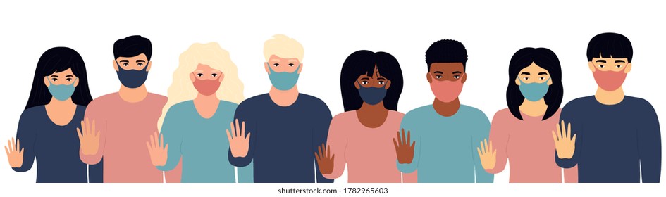 A group of multiethnic people wearing protective masks showing stop gesture. Protest against racism, discrimination during coronavirus quarantine. Fight for rights.