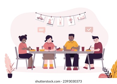 Un grupo de escolares multiétnicos se sienta a la mesa y come. Descanso de almuerzo en la escuela. Los compañeros de clase comen juntos en el escritorio. Estilo de vida saludable. Almuerzo escolar en la cafetería. ilustración vectorial plana