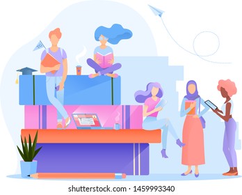 A group multiethnic students. They are standing or sitting, reading books, holding gadgets in their hands. Education vector illustration. Flat design for web