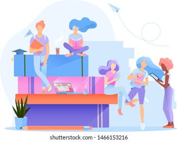 A group multiethnic students. They're  reading books, holding gadgets in their hands. Education vector illustration. Concept back to school, literacy day. Flat design for web banners