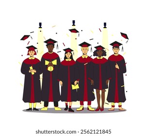 Group of multiethnic students wearing gown and cap at graduation ceremony.