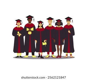 Group of multiethnic students wearing gown and cap at graduation ceremony.