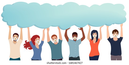 Group of multiethnic volunteer people with filter mask holding an empty speech bubble. Volunteers who help other people in an emergency. Coronavirus epidemic and pandemic. Copy space