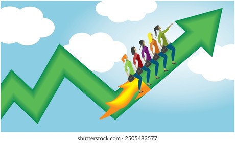Group of multiethnic women flying up on arrow. Dimension 16:9. Vector illustration.