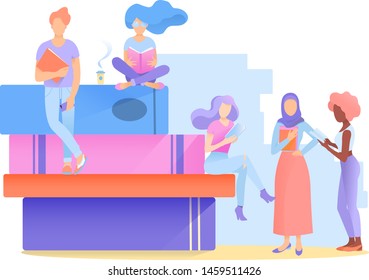 A group multiethnic young people, surrounded by books, stands and reads and holds books and smartphones in their hands. Concept back to school, literacy day or book day. Vector illustration.