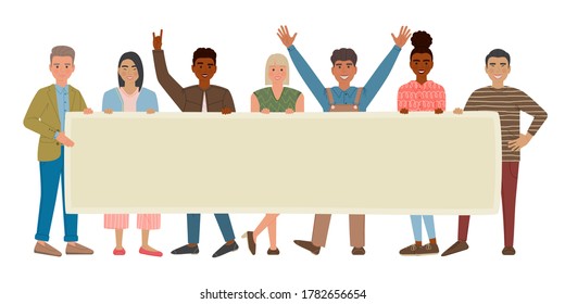 Group of multi-ethnical men and women standing together and holding blank banner. People are protesters or activists. Vector illustration of cartoon characters isolated on white background.