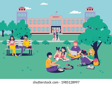 A group of multilingual students with books and gadgets are sitting in the park in front of the university building and studying, talking, discussing, reading books. Campus life. Vector illustration