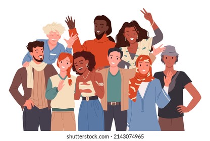 Group of multinational friends. International friendship, young diverse people, multicultural society and teenagers community, networking and communication cartoon vector illustration