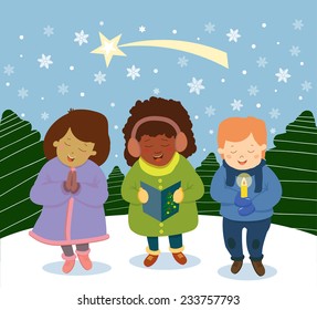 Group of multinational kids singing Christmas Carols, cartoon character illustration