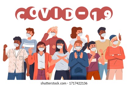Group of multinational men and women in medical masks protesting against world epidemy. Concept of coronavirus spreading. People show stop gesture and fighting with covid-19. Stay at home concept
