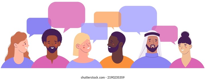 Grupo de multinacionales hablando o hablando. Diversas culturas, concepto de comunicación internacional. Hablantes nativos, hombres y mujeres amigos. Diálogo entre caracteres.