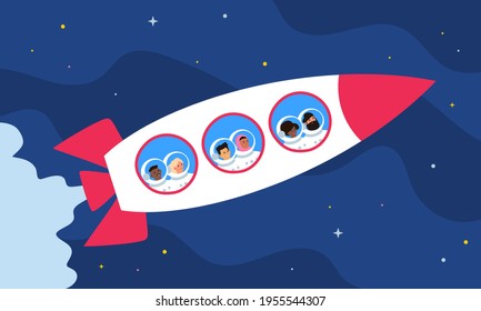 group of multinational  people tourists flying on rocket in outer space tourism vector illustration