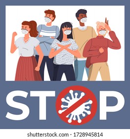 Group of multinational people wearing face medical masks protesting against world epidemic. Banner with cartoon characters in blue flat style. Stop gesture, crossed out sign with virus inside