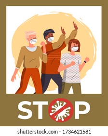 Group of multinational people wearing face medical masks protesting against world epidemic. Banner with cartoon characters in blue flat style. Stop gesture, crossed out sign with virus inside