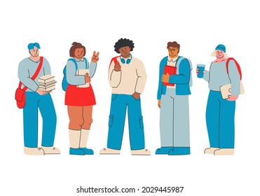 Group of multinational teenagers boys and girls. Young cute people. First year students with textbooks. Happy freshmen. Vector isolated illustration.