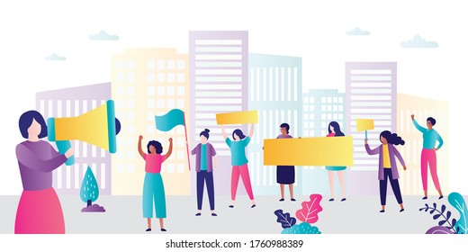 Group of multinational women on demonstration for International Women's Day. Activists with placards on rally. Struggle for women's rights. Concept of feminism and empowerment.Flat vector illustration