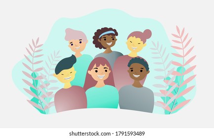 Group of multiracial adult people wearing braces. People heads of different ethnicity and age with braces. Adult dental health concept vector. 