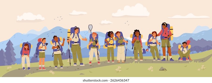 Group of multiracial children with backpacks with two teachers hiking in the mountains flat vector illustration.
