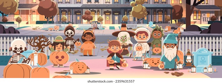 Group of multiracial children in Halloween costumes stand in the neighbors' yard to trick or treating. Halloween night flat vector concept illustration