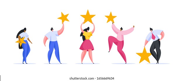 Group of multiracial contemporary people in casual clothing using stars system to rate quality of service industry after leaving review online. Flat cartoon people vector illustration