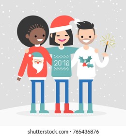 A group of multiracial friends celebrating the winter holidays. New year and Christmas. Seasonal celebration. Clip art, flat vector.