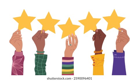 Group of multiracial hands holding a five stars rating. Concept of customers review and positive feedback. Hand drawn vector illustration isolated on white background, flat cartoon style.