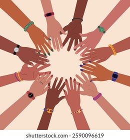 Group of multiracial hands on top of each other in a circle. Diverse people and cultures, racial equality. Hand drawn vector vector illustration isolated on light background, flat cartoon style.