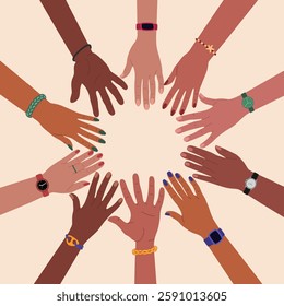 Group of multiracial hands on top of each other in a circle. Diverse people and cultures, racial equality. Hand drawn vector vector illustration isolated on light background, modern flat cartoon style