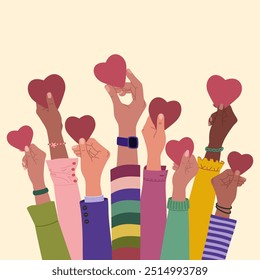Grupo de manos multirraciales levantadas sosteniendo corazones. Voluntariado, caridad, concepto de donación. Ilustración vectorial de Vector dibujado a mano aislado sobre fondo claro. Estilo de dibujos animados planos modernos.