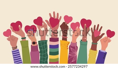 Group of multiracial hands raised up holding hearts. Volunteering, charity, donation concept. Hand drawn vector vector illustration isolated on light background, flat cartoon style.