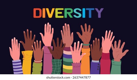 Group of multiracial hands raised up. Cultural diversity, racial equality. Multicultural society. Hand drawn vector vector illustration isolated on black background, flat cartoon style.