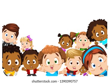 Group of multiracial happy boys and girls laughing, waving hands. Advertising template, banner, for children`s products, goods. Vector cartoon illustration on white. Place for text, copy space.