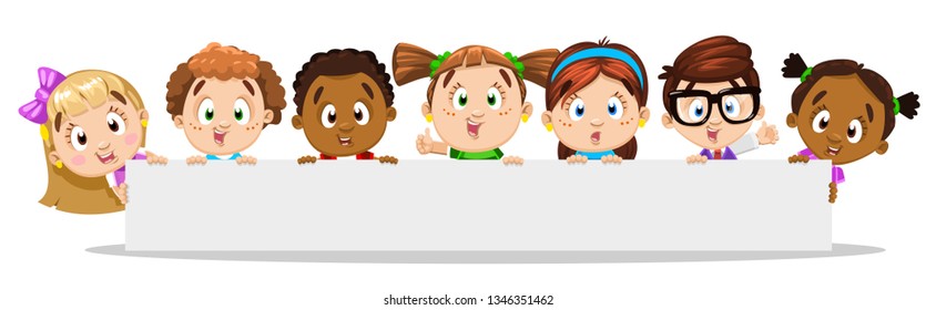 Group of multiracial little boys and girls waving hand, emerge from behind long empty horizontal banner, paper sheet. Template, place for text, copy space. Opening, sale. Cartoon isolated on white.