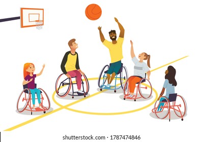 Group of multiracial man and woman on wheelchairs play basketball. Physical activity, rehabilitation for people with physical disabilities or musculoskeletal system diseases. Adaptive wheelchair sport svg