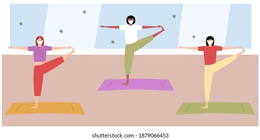 A Group Of Multiracial Masked Women Train In The Gym During The Pandemic. Online Yoga Fitness Center For Lifestyle Design. Flat Vector. Online Class. Yoga Exercise Concept.