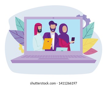 Group of Multiracial and Multicultural People Stand in Row with Smart Gadgets Device. Arabic and Caucasian Male, Female Characters, Business Partners on Laptop Screen. Cartoon Flat Vector Illustration