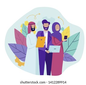 Group of Multiracial and Multicultural People Stand in Row with Smart Gadgets Device. Arabic and Caucasian Male and Female Characters, Business Partners Communication. Cartoon Flat Vector Illustration