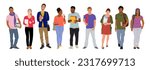 Group of multiracial and multicultural students. Young girls and boys holding books, folders standing and walking to college, university. Vector realistic illustration isolated on white background