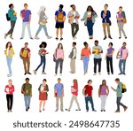 Group of multiracial and multicultural students. Young girls and boys holding books, folders standing and walking to college, university. Vector realistic illustration on transparent background.