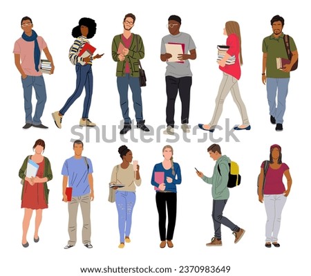Group of multiracial and multicultural students. Young girls and boys holding books, folders standing and walking to college, university. Vector illustration on white background. Not created with AI.