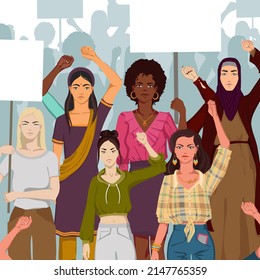 Un grupo de mujeres multirraciales y multiculturales luchando por sus derechos. Feministas participando en la manifestación. Ilustración vectorial.