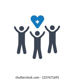 Group of multiracial people in different age and gender holding big hearts. Concept of blood donation, giving love, help, support. Vector illustration, medical icon