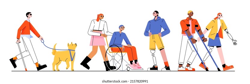 Group of multiracial people with different disabilities. Vector flat illustration of man in wheelchair, blind with guide dog, characters with prosthesis and person on crutches