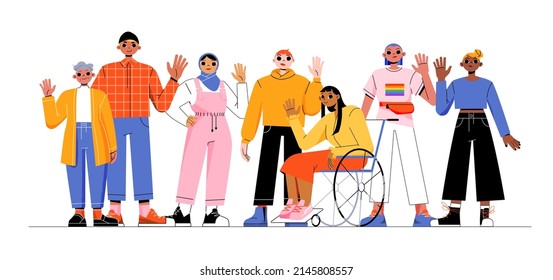 Grupo de personas multirraciales, muchacha en silla de ruedas, lgbt y anciana. Concepto de comunidad multirracial y multicultural. Ilustración plana vectorial de personajes diversos