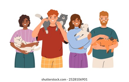 Grupo de pessoas multirraciais segurando gatos bonitos. Homens e mulheres felizes seguram em braços doméstico animal de estimação. Retrato de donos de animais com gatinhos adoráveis. Amizade de animais humanos e felinos. Ilustração plana.