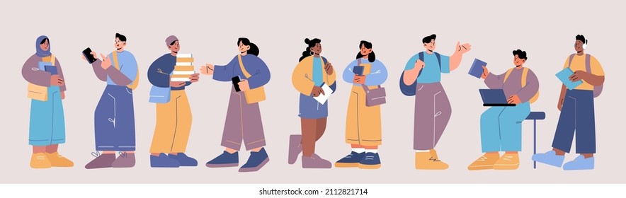 Group of multiracial people, students of school, college or university. Vector flat illustration of international teenagers with backpacks, bags, books and phone